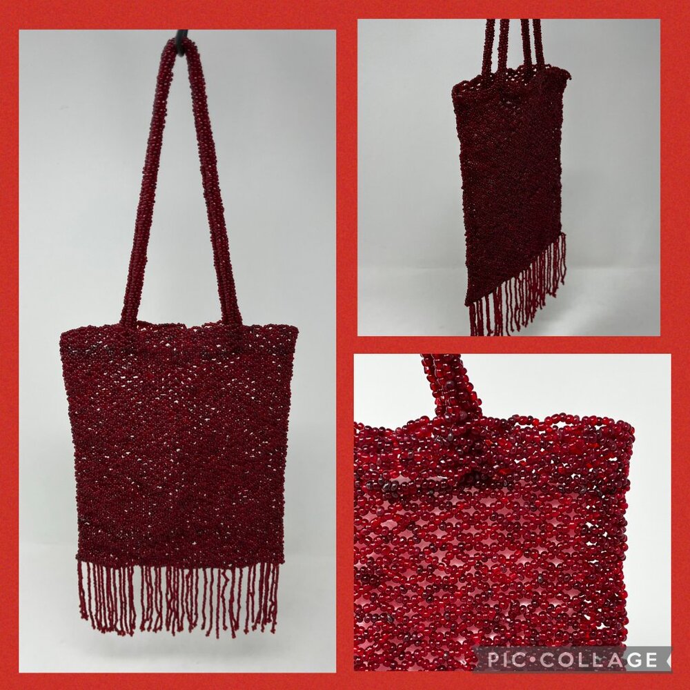 Vintage Glass Beaded  Knit Purse Flapper Hand Bag Cranberry/Ruby Red Hand Made